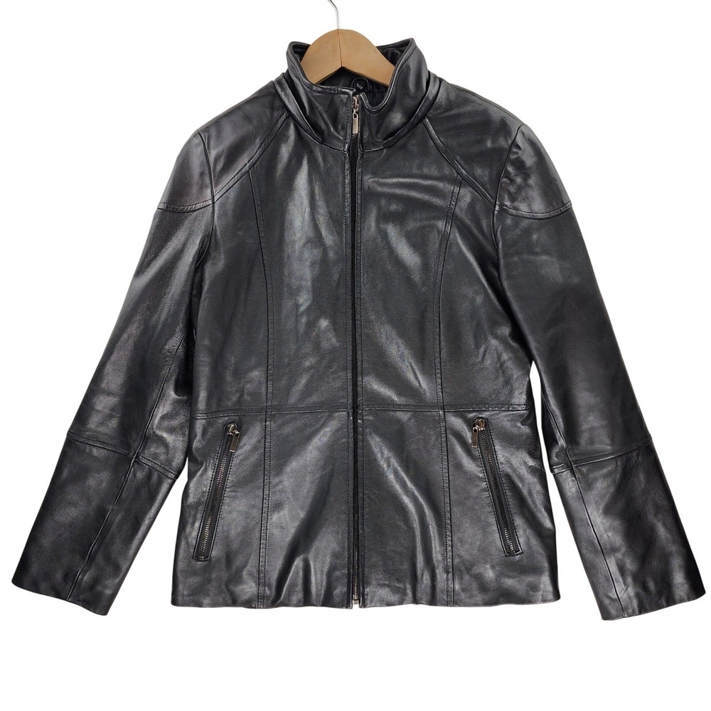 M Collection Leather Jacket Women Small Black Zip Up Stand Collar 100% Leather